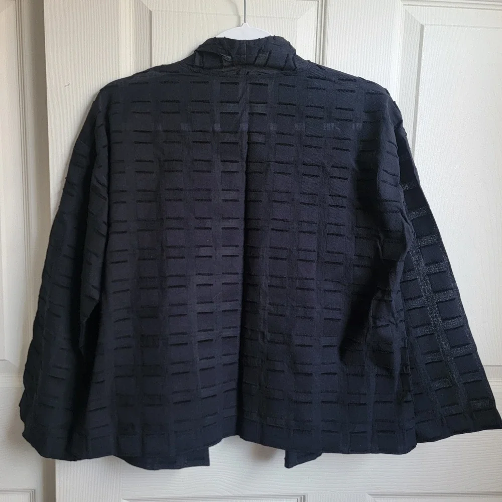 EILEEN FISHER Black Organic Cotton Textured Kimono Jacket 3/4‎ Sleeve Open Front